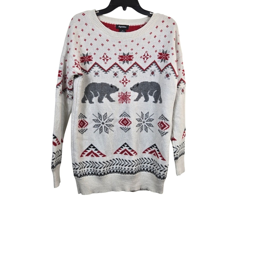 Repartee Womens Ivory Polar Bear Fair Isle Holiday Nordic Knit Sweater Medium